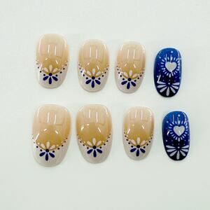 24 Pc Blue Porcelain Inspired Press On Nails, Elegant Handmade Nail Art